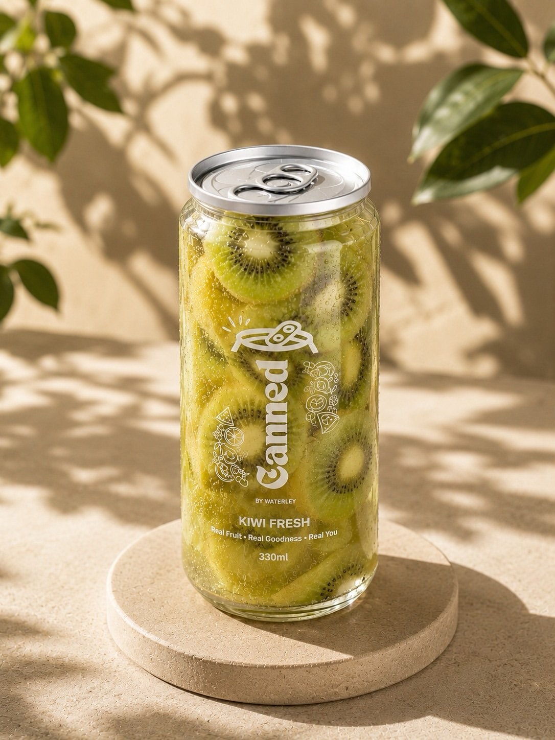 Macro view of real kiwi slices suspended in liquid inside the can